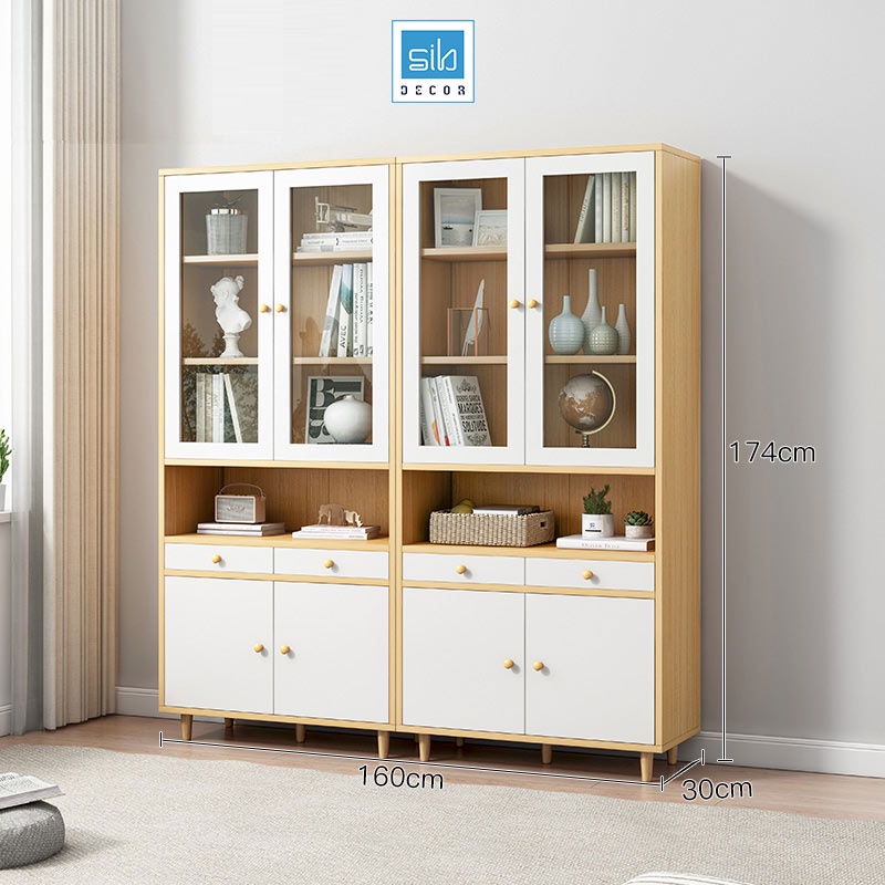 Tủ Gỗ Đa Năng Hiện Đại Kết Hợp Cửa Kính Thương Hiệu SIB Decor Màu Trắng Phối Vân Gỗ Sồi