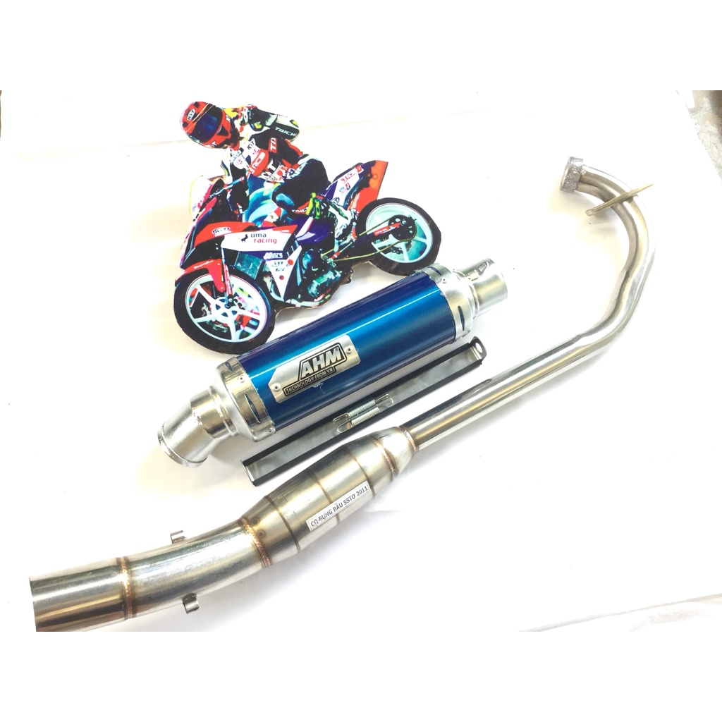 Bộ pô AHM XANH full cổ cong 2 KHÚC INOX 304 WAVE, SI, CUP, DREAM, EXCITER, WINER, SONIC, RAIDER FI, SATRIA, GSX