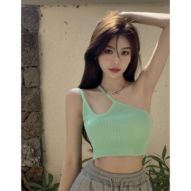 Áo Hai Dây Dệt Kim Dáng Ngắn Màu Xanh Lá Thời Trang Mùa Hè Cho Bé Gái wd2307