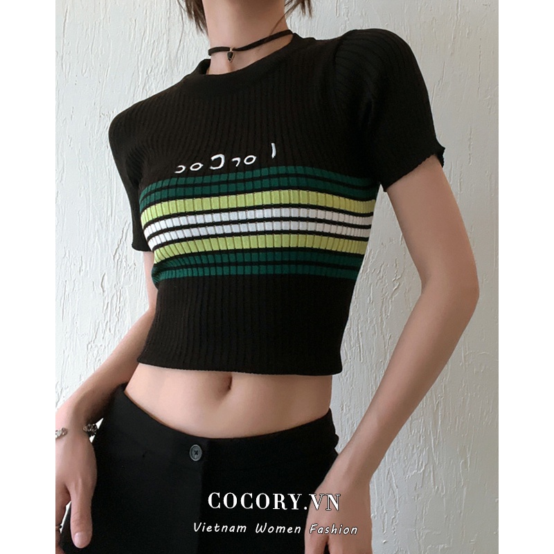 Cocory vn Áo Croptop Tay Ngắn Họa Tiết Sọc Ngang Phong Cách retro