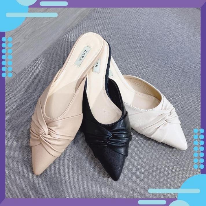 Sục Nữ Mũi Nhọn Nơ Nhăn Cách Điệu - Dép Bệt Nữ Da Trơn Cao Cấp Hạn Chết Nếp Nhăn. Giay Dep Nữ 2020