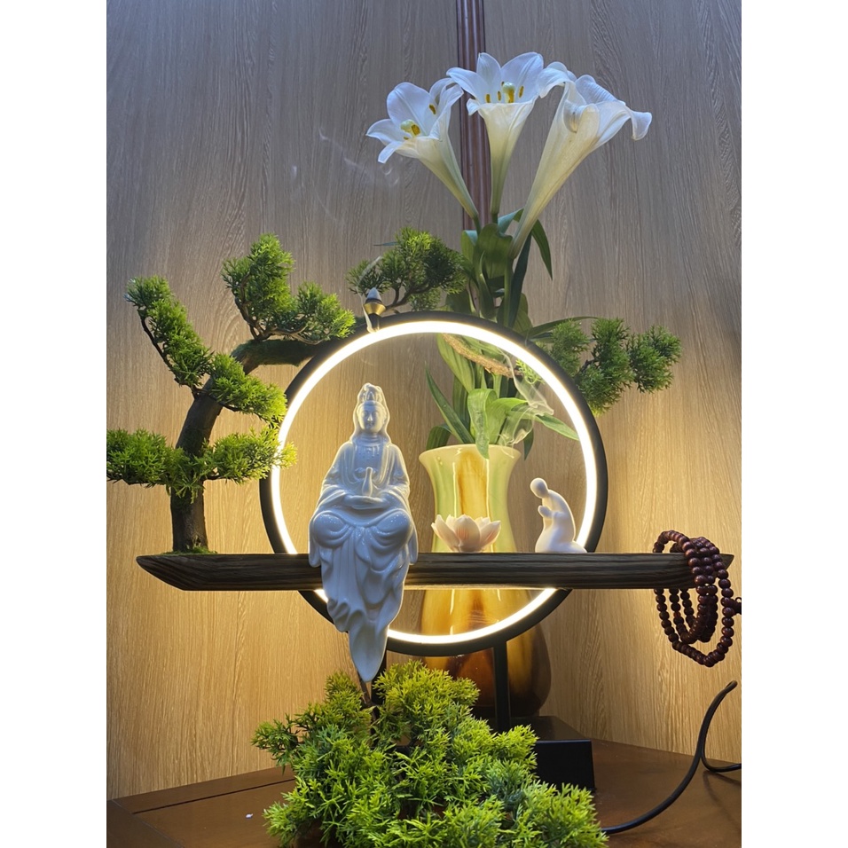 Kệ Gỗ Để Tượng Trang Trí Đèn Led Vòng Đường Kính 28-30cm, Gỗ Thông Vân Tự Nhiên