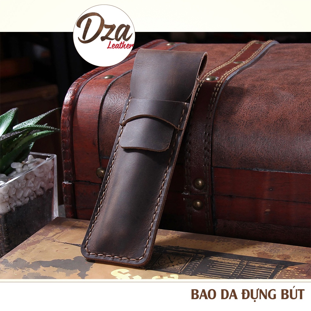 Bao da đựng bút cao cấp da bò sáp Dza leather kiểu dáng hiện đại, phong cách vintage