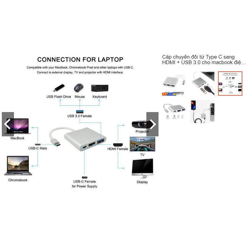 Cáp chuyển đổi từ Type C sang HDMI + USB 3.0 cho macbook điện thoại cáp typec sang HDMI dây chuyển đổi từ typec sang hdm