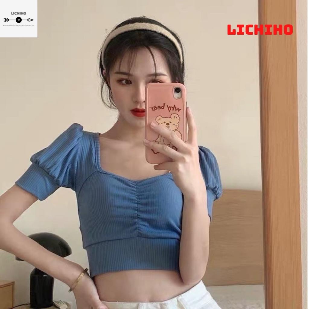 Áo croptop nữ tay phồng cổ vuông CT02 LICHIHO nhún ngược chất vải tốt mịn màn chất lượng quyến rủ | BigBuy360 - bigbuy360.vn
