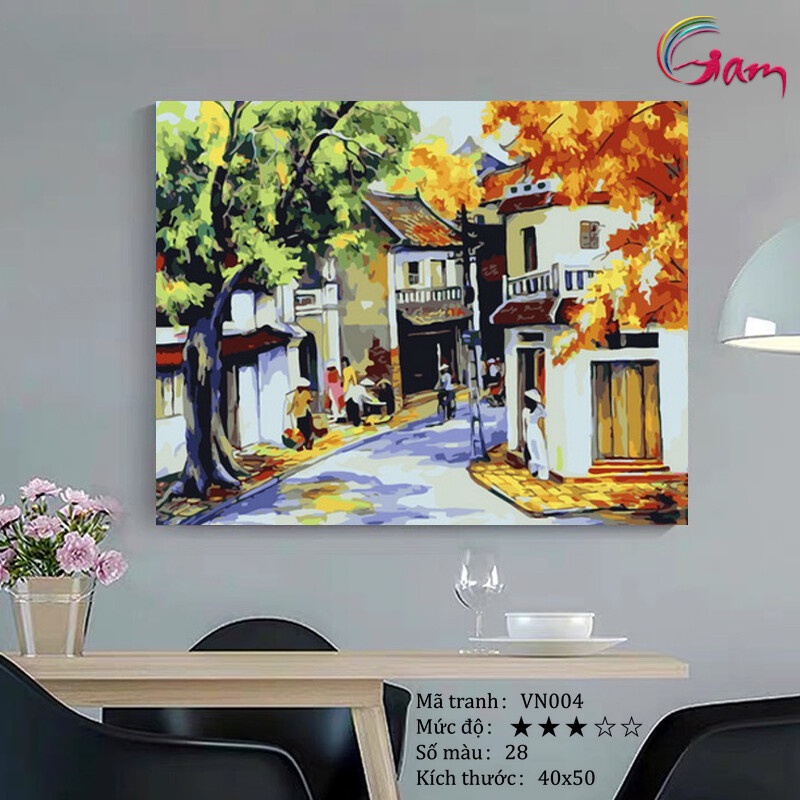 Tranh sơn dầu số hoá Gam phố cổ Hà Nội phong cảnh Việt Nam VN004 đã căng khung 40x50cm