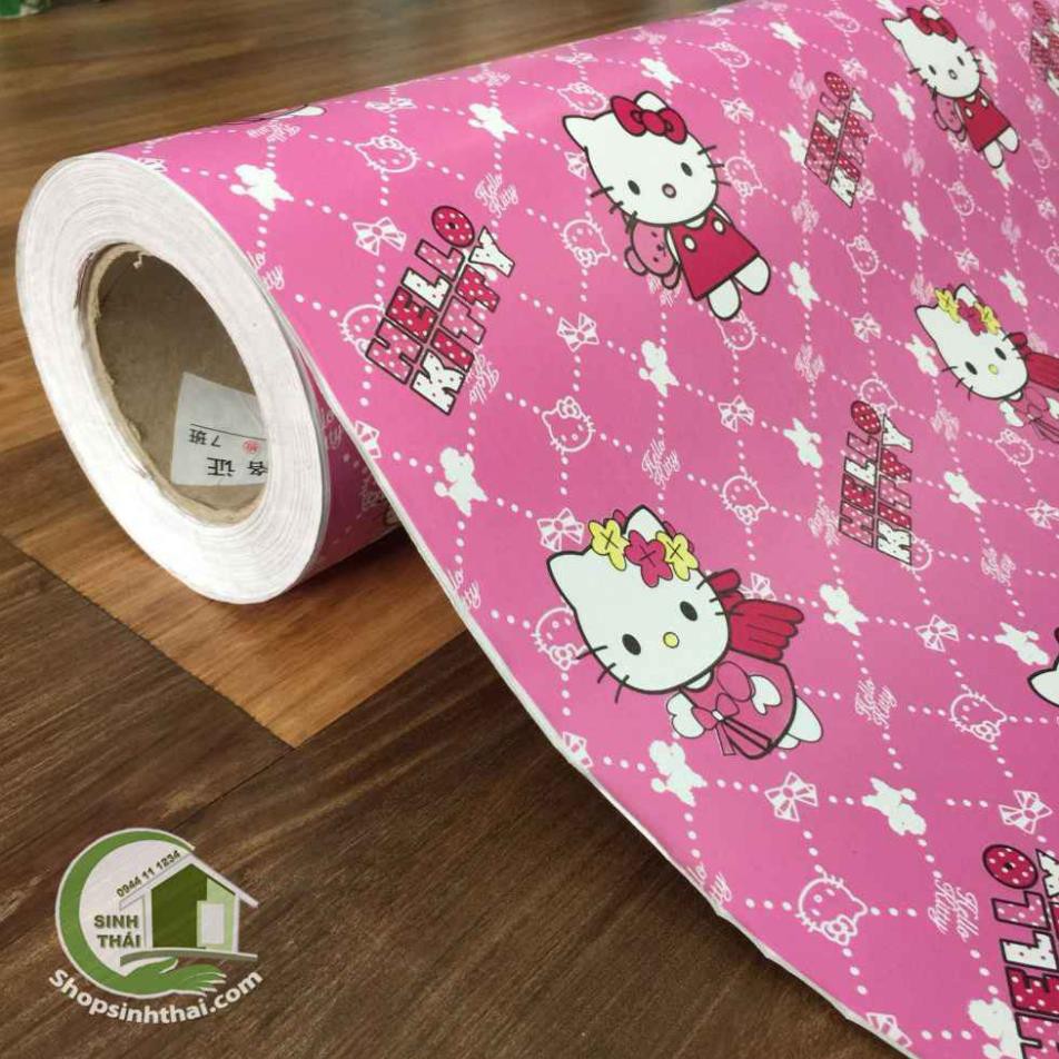 Giấy dán tường hello kitty màu hồng cánh sen, khổ 90cm có sẵn keo