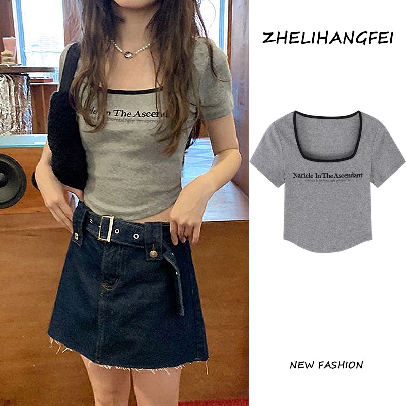 ZHELIHANGFEI Áo Thun Tay Ngắn Cổ Vuông Eo Cao Thời Trang Cho Nữ