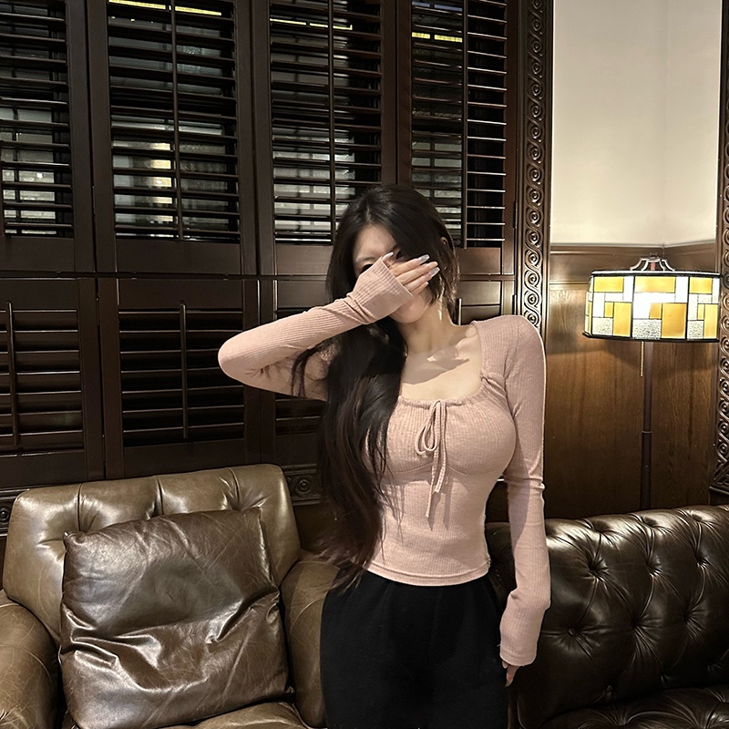 ZHELIHANGFEI Áo Sơ Mi Tay Dài Cổ Vuông Phối Dây Thắt Eo Quyến Rũ Trẻ Trung Hợp Thời Trang