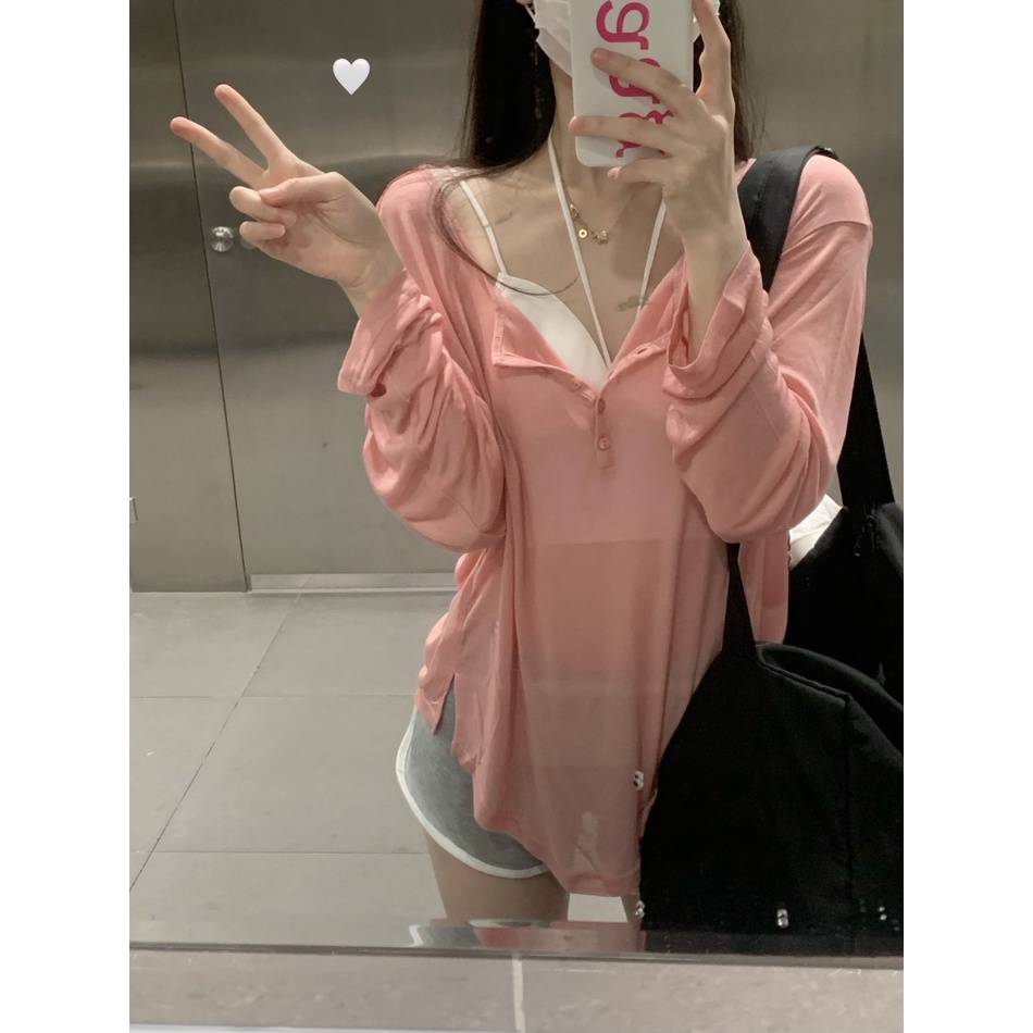 ZHELIHANGFEI Áo Sơ Mi Tay Dài Cổ Chữ V Dáng Rộng Màu Trơn Quyến Rũ