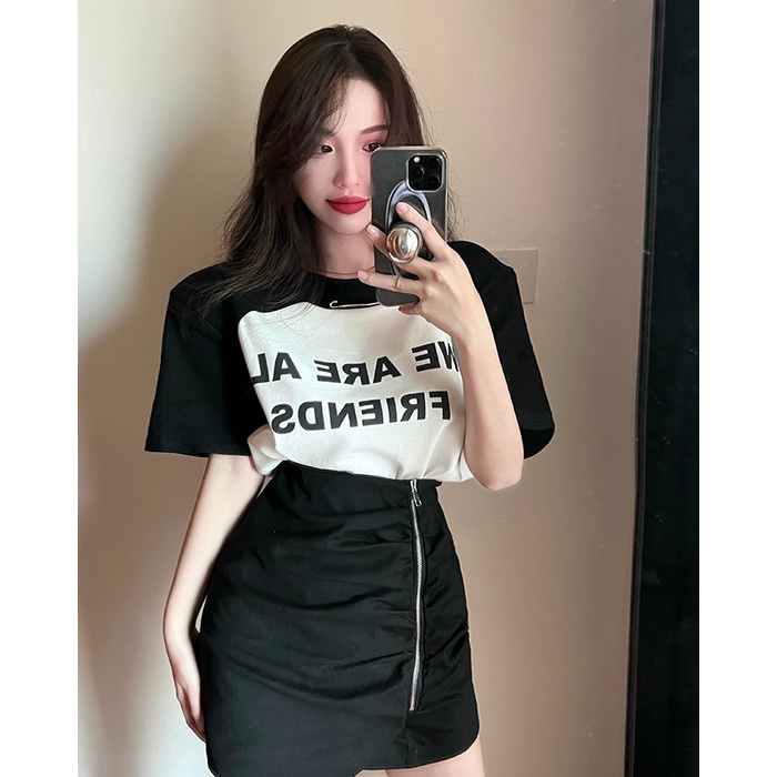 ZHELIHANGFEI Áo Thun Tay Ngắn Dáng Rộng Màu Sắc Hợp Thời Trang Phong Cách Hàn Quốc