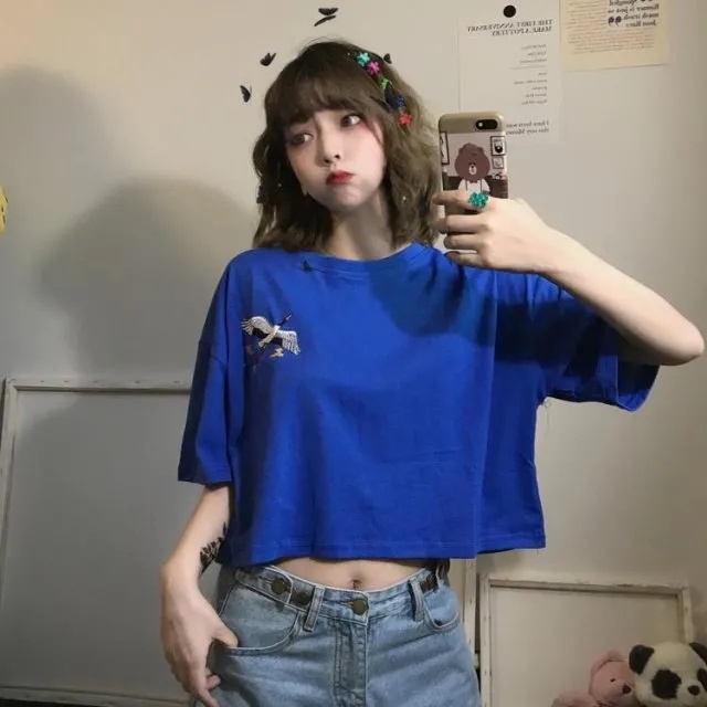 ZHELIHANGFEI Áo Thun Tay Lỡ Trễ Vai Hoạ Tiết Thêu Thiết Kế Đơn Giản Hợp Thời Trang