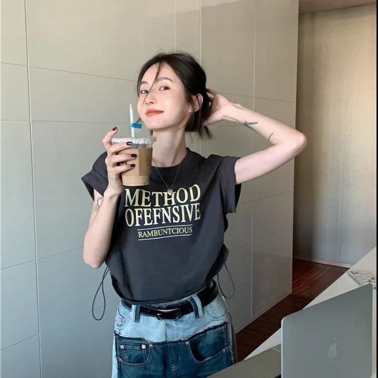 ZHELIHANGFEI Áo Thun Tay Ngắn Rút Dây Phong Cách Retro Dành Cho Nữ