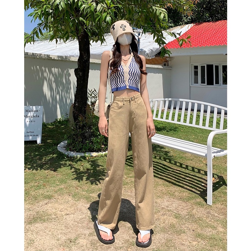 ZHELIHANGFEI Quần Jean Dài Lưng Cao Ống Suông Nhiều Màu Cá Tính Kiểu Hàn Quốc