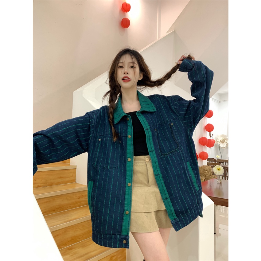 ZHELIHANGFEI Áo Khoác Denim Dáng Rộng Thêu Họa Tiết Kiểu Retro Cá Tính