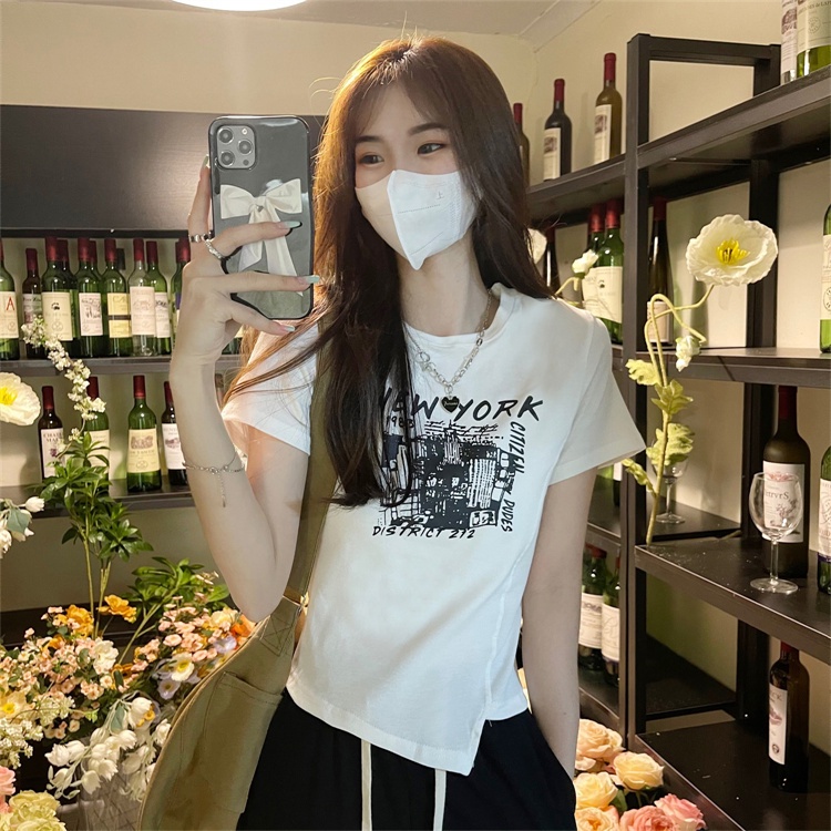 ZHELIHANGFEI Áo Thun Nữ Ngắn Tay Xẻ Tà In Chữ Tiếng Anh