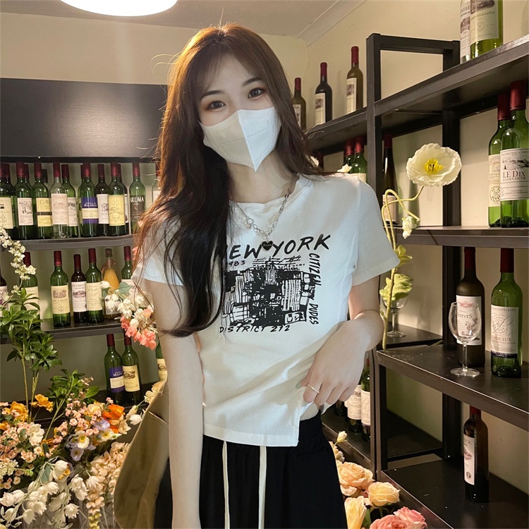 ZHELIHANGFEI Áo Thun Nữ Ngắn Tay Xẻ Tà In Chữ Tiếng Anh