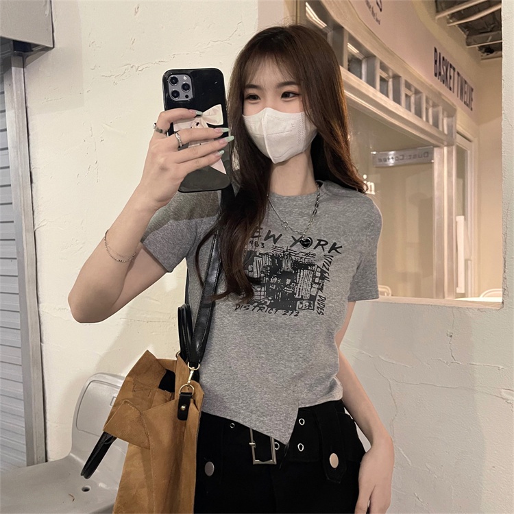 ZHELIHANGFEI Áo Thun Nữ Ngắn Tay Xẻ Tà In Chữ Tiếng Anh