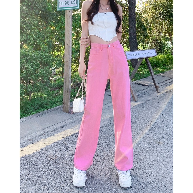 ZHELIHANGFEI Quần Jean Dài Lưng Cao Ống Suông Nhiều Màu Cá Tính Kiểu Hàn Quốc