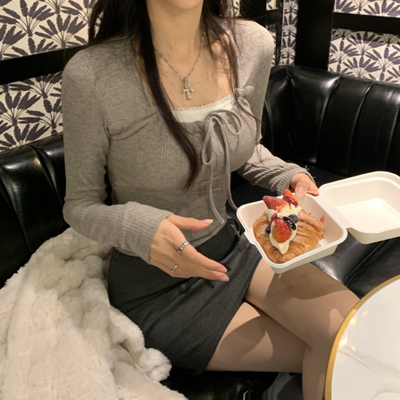 ZHELIHANGFEI Áo Sơ Mi Tay Dài Cổ Vuông Phối Dây Thắt Eo Quyến Rũ Trẻ Trung Hợp Thời Trang