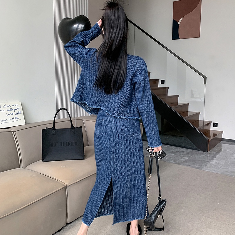 ZHELIHANGFEI Bộ Áo Khoác Denim Dáng Rộng Phối Chân Váy Lưng Cao Kiểu Chanel Sành Điệu