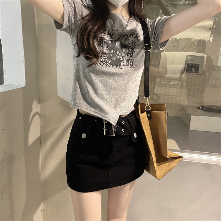 ZHELIHANGFEI Áo Thun Nữ Ngắn Tay Xẻ Tà In Chữ Tiếng Anh