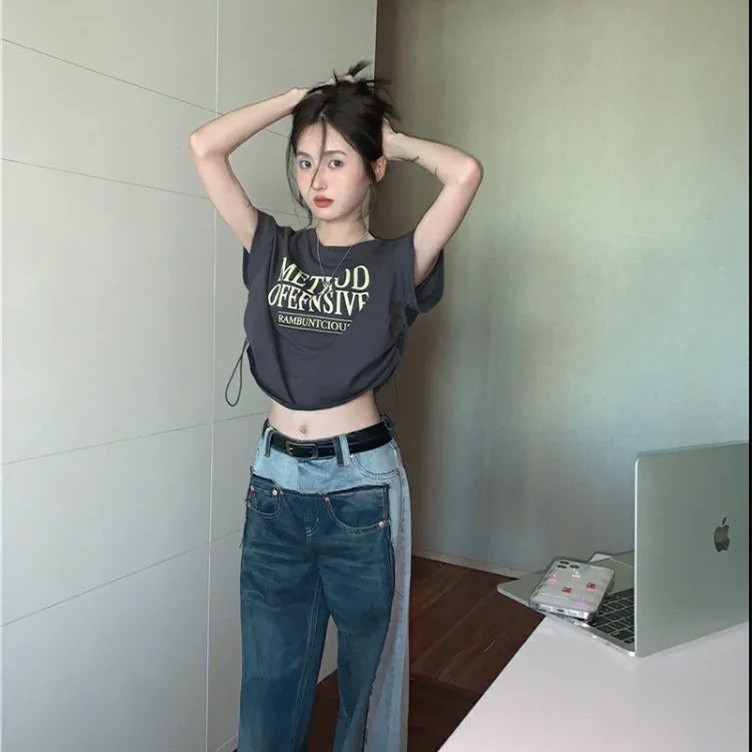 ZHELIHANGFEI Áo Thun Tay Ngắn Rút Dây Phong Cách Retro Dành Cho Nữ