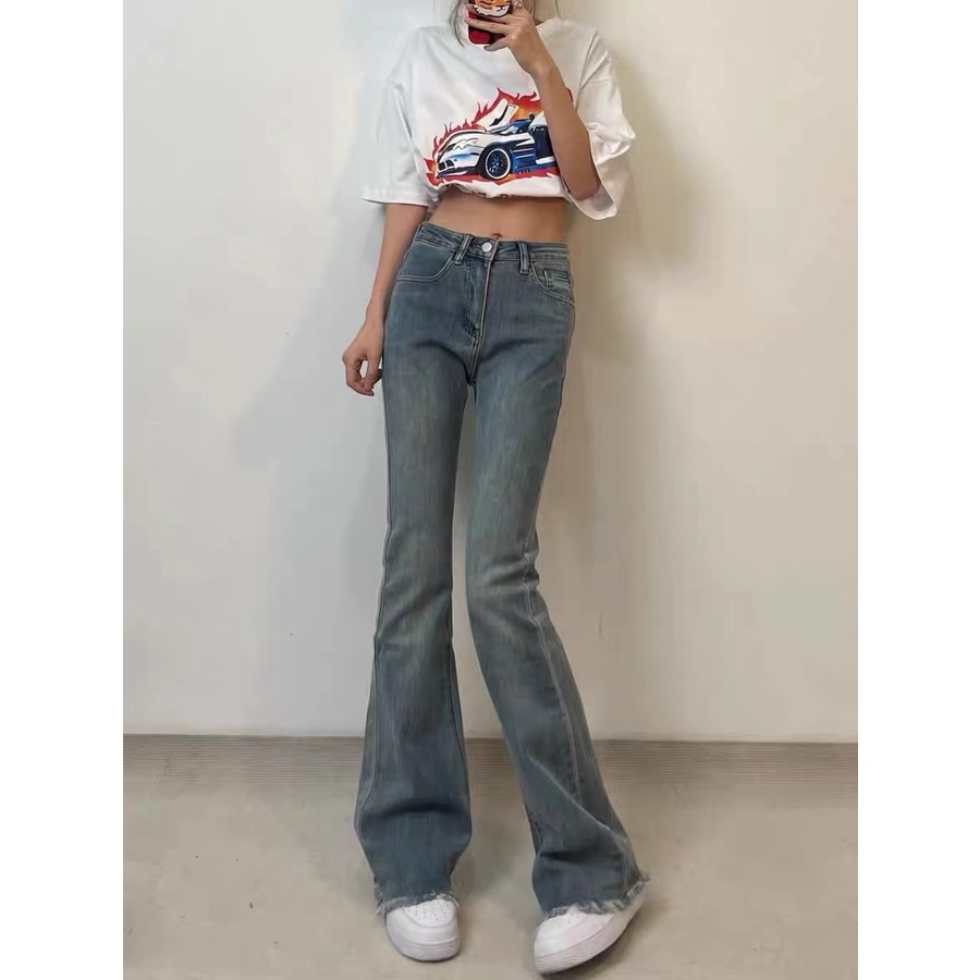 ZHELIHANGFEI Quần Jeans Nữ Lưng Cao Ống Loe