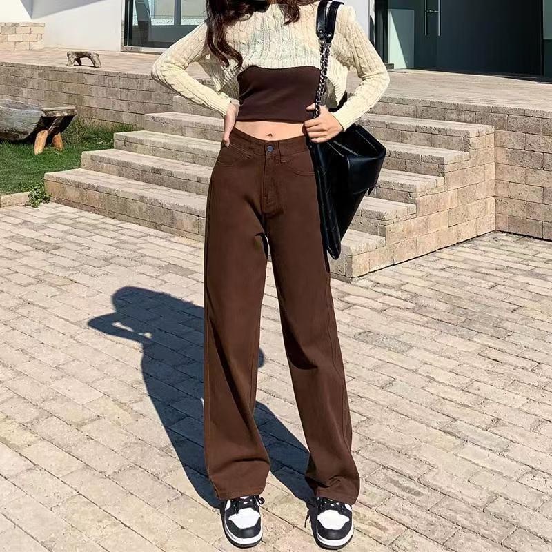 ZHELIHANGFEI Quần Jean Dài Lưng Cao Ống Suông Nhiều Màu Cá Tính Kiểu Hàn Quốc