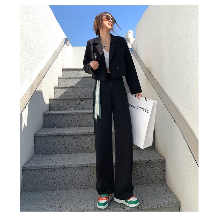 ZHELIHANGFEI Quần Jean Ống Rộng Phối Khăn Lụa Cá Tính Theo Phong Cách Đường Phố