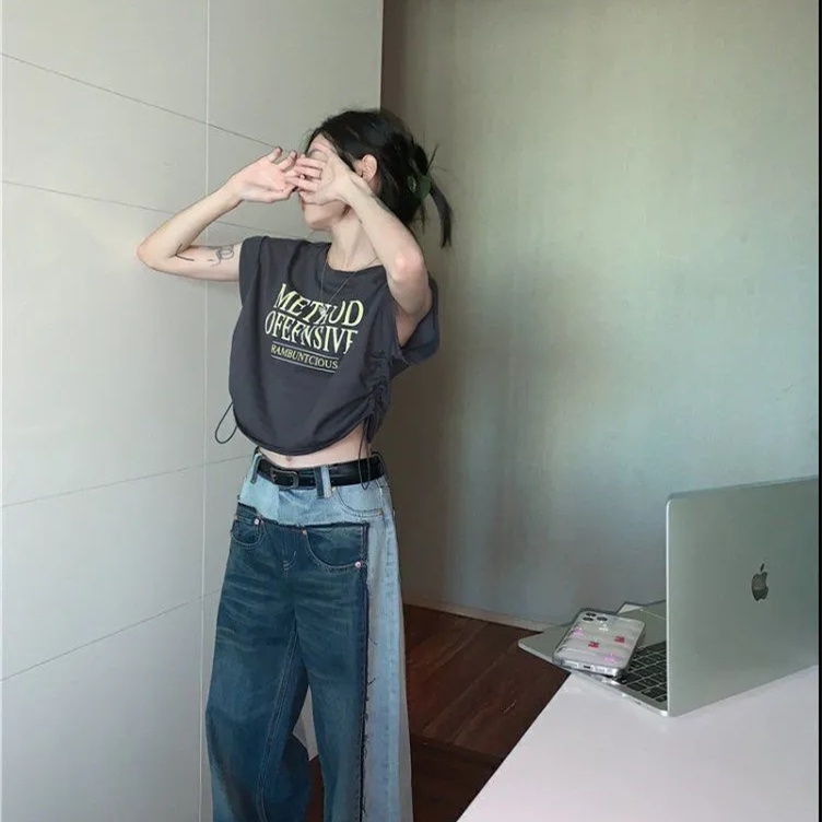 ZHELIHANGFEI Áo Thun Tay Ngắn Rút Dây Phong Cách Retro Dành Cho Nữ