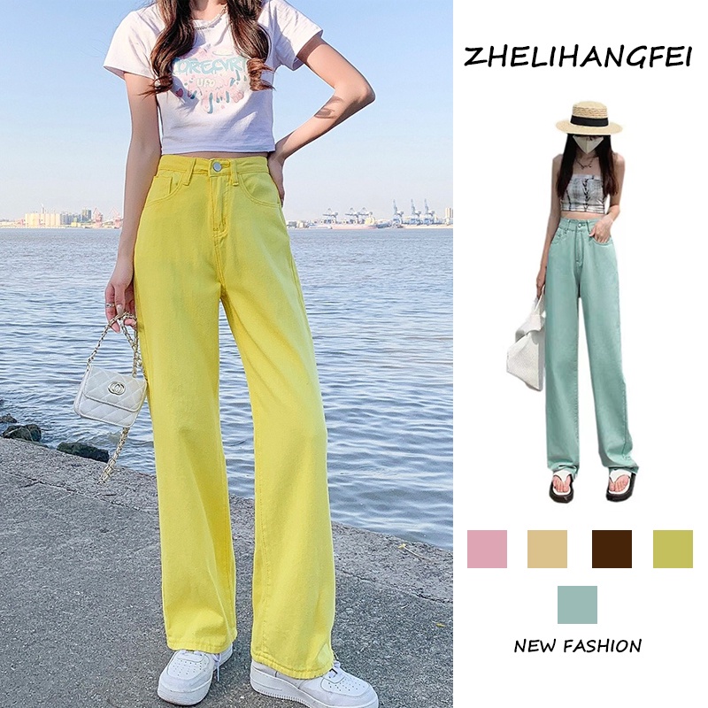 ZHELIHANGFEI Quần Jean Dài Lưng Cao Ống Suông Nhiều Màu Cá Tính Kiểu Hàn Quốc