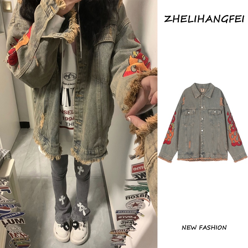 ZHELIHANGFEI Áo Khoác Denim Dáng Rộng Thêu Họa Tiết Cá Tính Theo Phong Cách Đường Phố