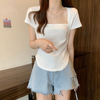 ZHELIHANGFEI Áo Thun Ngắn Tay Cổ Vuông Giả Hai Lớp Thời Trang