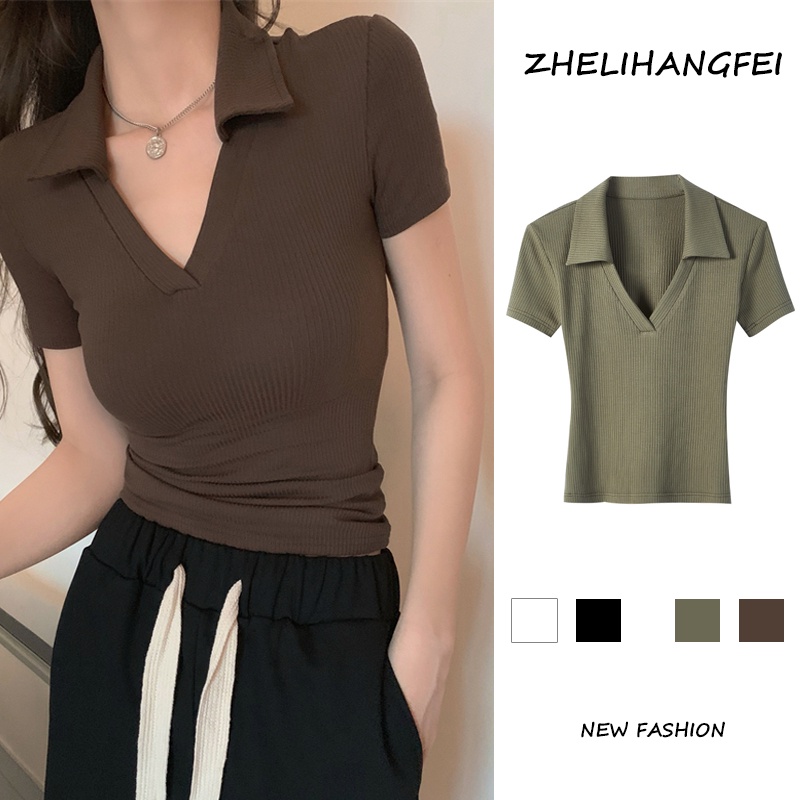 ZHELIHANGFEI Áo Thun Nữ Ngắn Tay Cổ Chữ V Lưng Cao Thời Trang