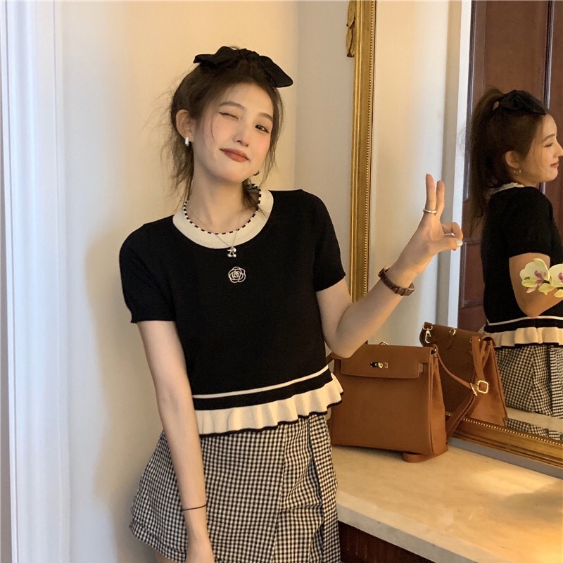 ZHELIHANGFEI Áo Thun Dệt Kim Tay Ngắn Dáng Rộng Phong Cách Thời Trang Hàn Quốc