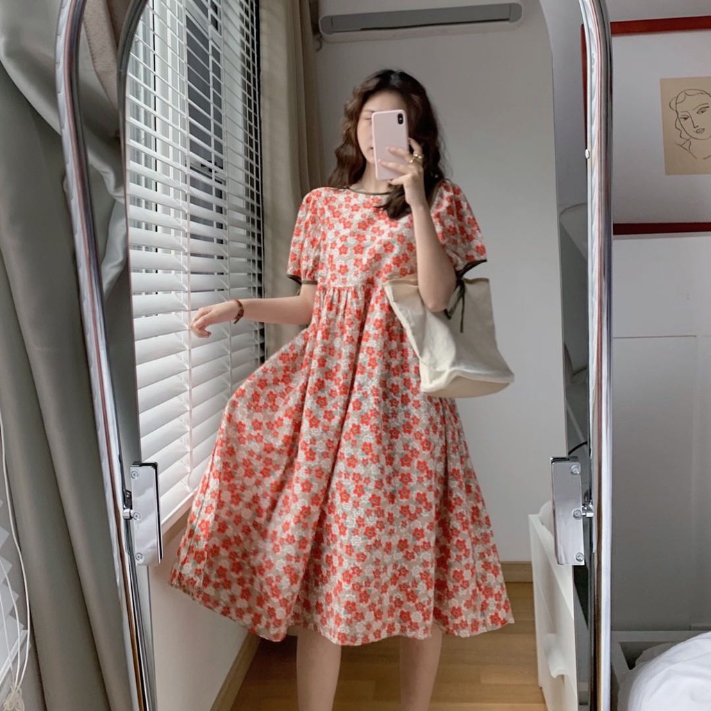 ZHELIHANGFEI Đầm Dáng Dài Họa Tiết Hoa Xinh Xắn Thời Trang Theo Phong Cách Pháp