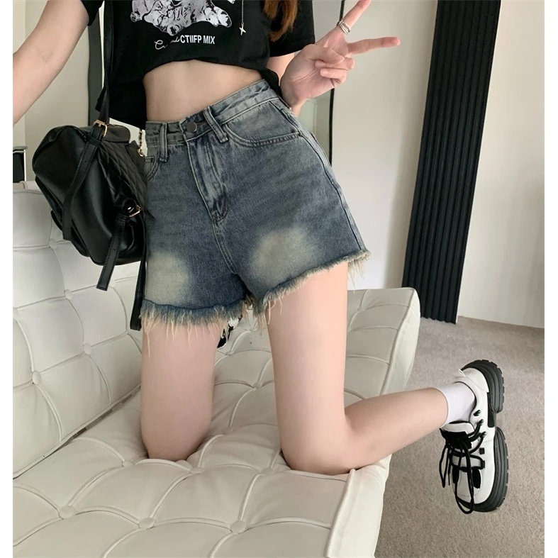 ZHELIHANGFEI Quần short jean vải denim lưng cao viền thô thời trang phong cách Hàn Quốc