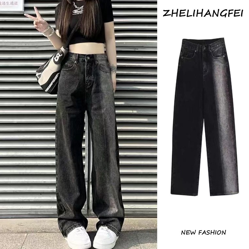 ZHELIHANGFEI Quần Jean Dài Lưng Cao Ống Rộng Màu Sắc Trẻ Trung Cá Tính