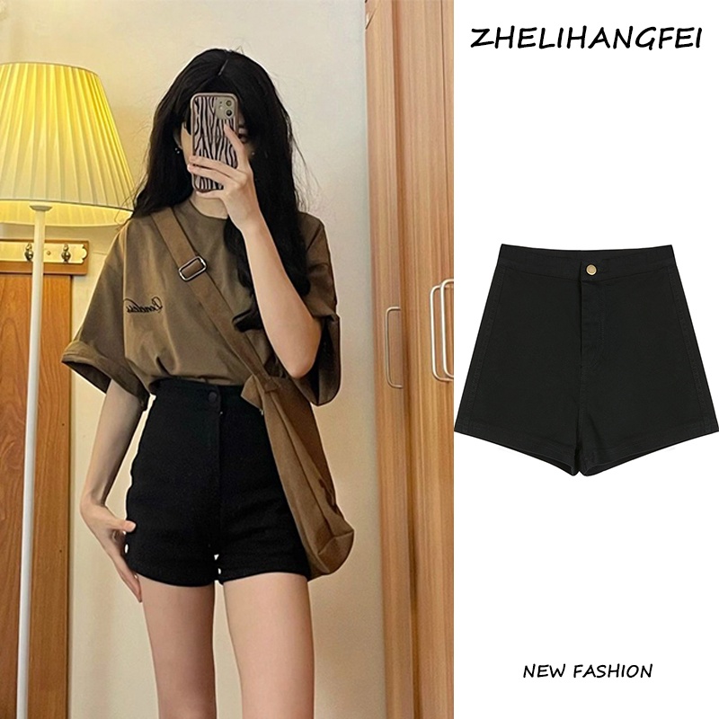 ZHELIHANGFEI Quần Short Jean Lưng Cao Dáng Ôm Màu Đen Thời Trang Cá Tính Cho Nữ