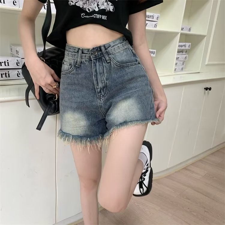 ZHELIHANGFEI Quần short jean vải denim lưng cao viền thô thời trang phong cách Hàn Quốc