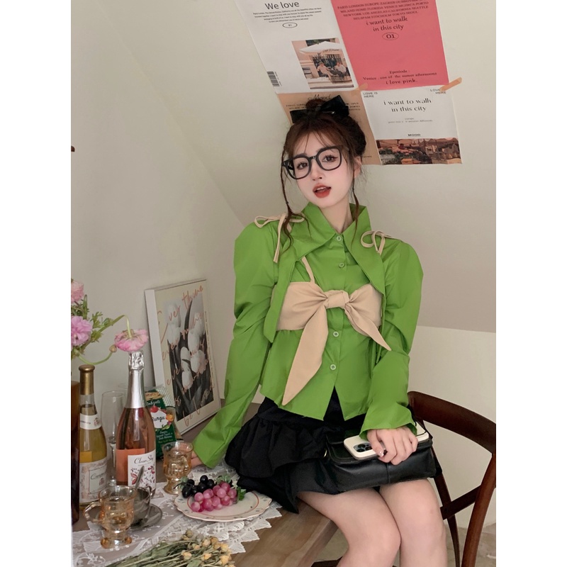 ZHELIHANGFEI Set Áo Sơ Mi Tay Phồng Màu Xanh Lá + Quần Yếm Thắt Nơ Xinh Xắn Hợp Thời Trang