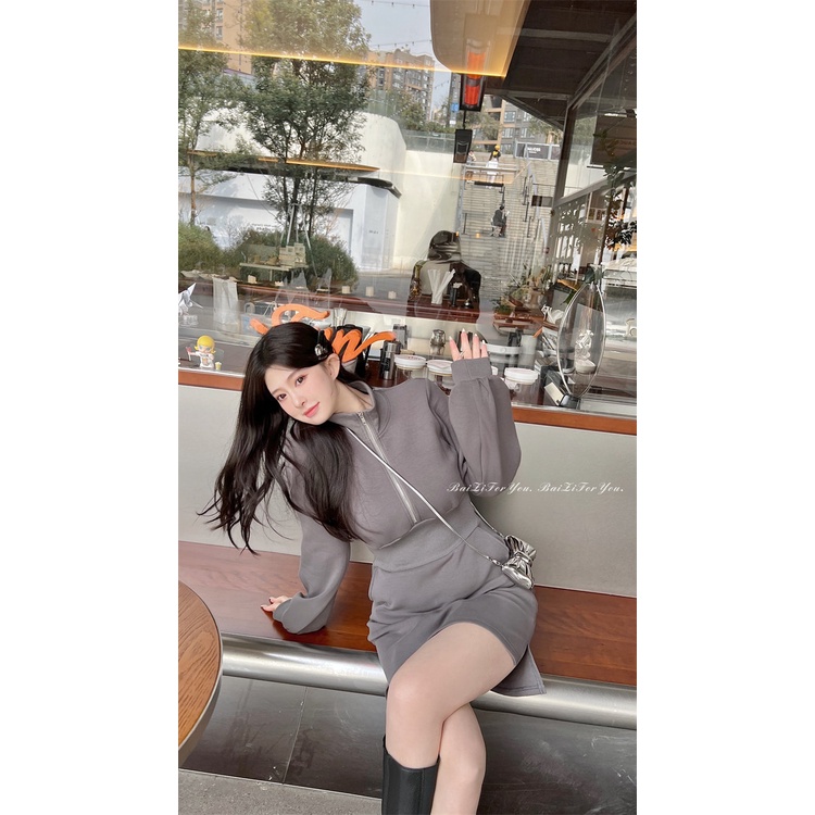 ZHELIHANGFEI Đầm Midi Tay Dài Nhấn Eo Phối Khoá Kéo Phong Cách Quyến Rũ