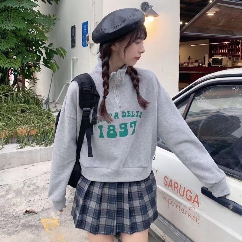 ZHELIHANGFEI Áo len cổ đứng dài tay cổ đứng lưng cao in chữ rời