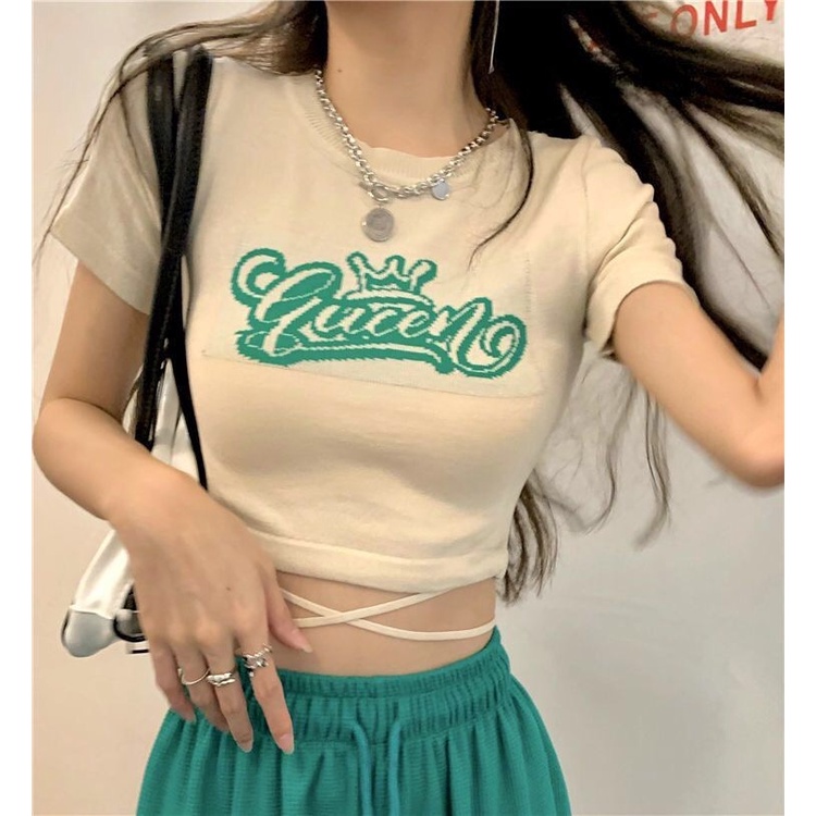 ZHELIHANGFEI Áo Croptop Tay Ngắn Hoạ Tiết In Thiết Kế Quyến Rũ