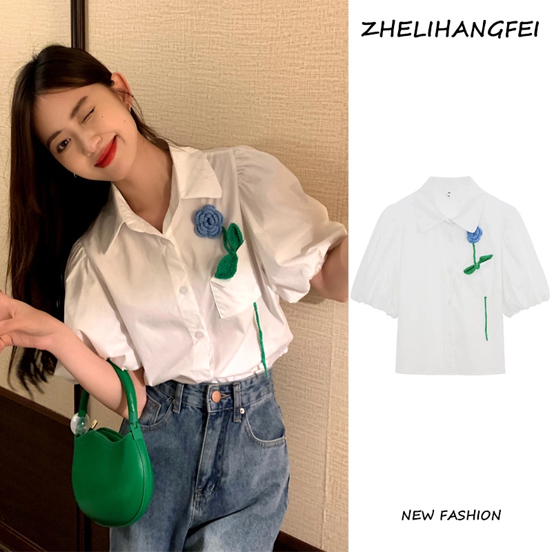 ZHELIHANGFEI Áo Kiểu Tay Phồng Ngắn Dáng Rộng Thời Trang Trẻ Trung