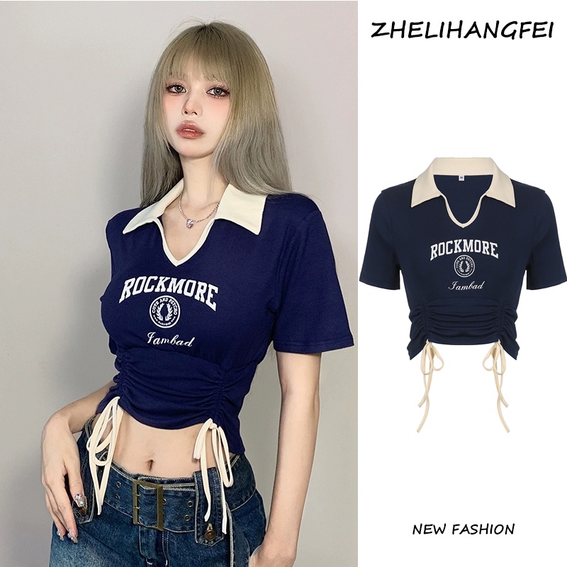 ZHELIHANGFEI Áo Croptop Tay Ngắn Cổ Polo Phối Dây Rút Thiết Kế Quyến Rũ Cho Nữ