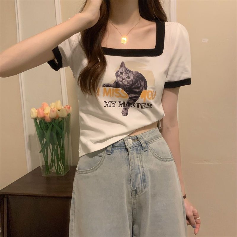 ZHELIHANGFEI Áo Thun Tay Ngắn Cổ Vuông In Hình Mèo Phong Cách Mỹ