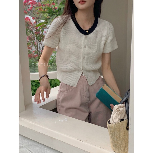 ZHELIHANGFEI Áo Cardigan Dệt Kim Tay Ngắn Viền Gợn Sóng Lưng Cao Thời Trang Cho Nữ