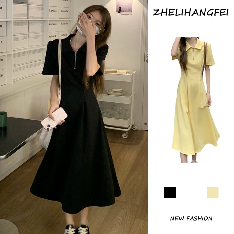 ZHELIHANGFEI Đầm Dáng Dài Cổ Polo Thiết Kế Chiết Eo Nữ Tính